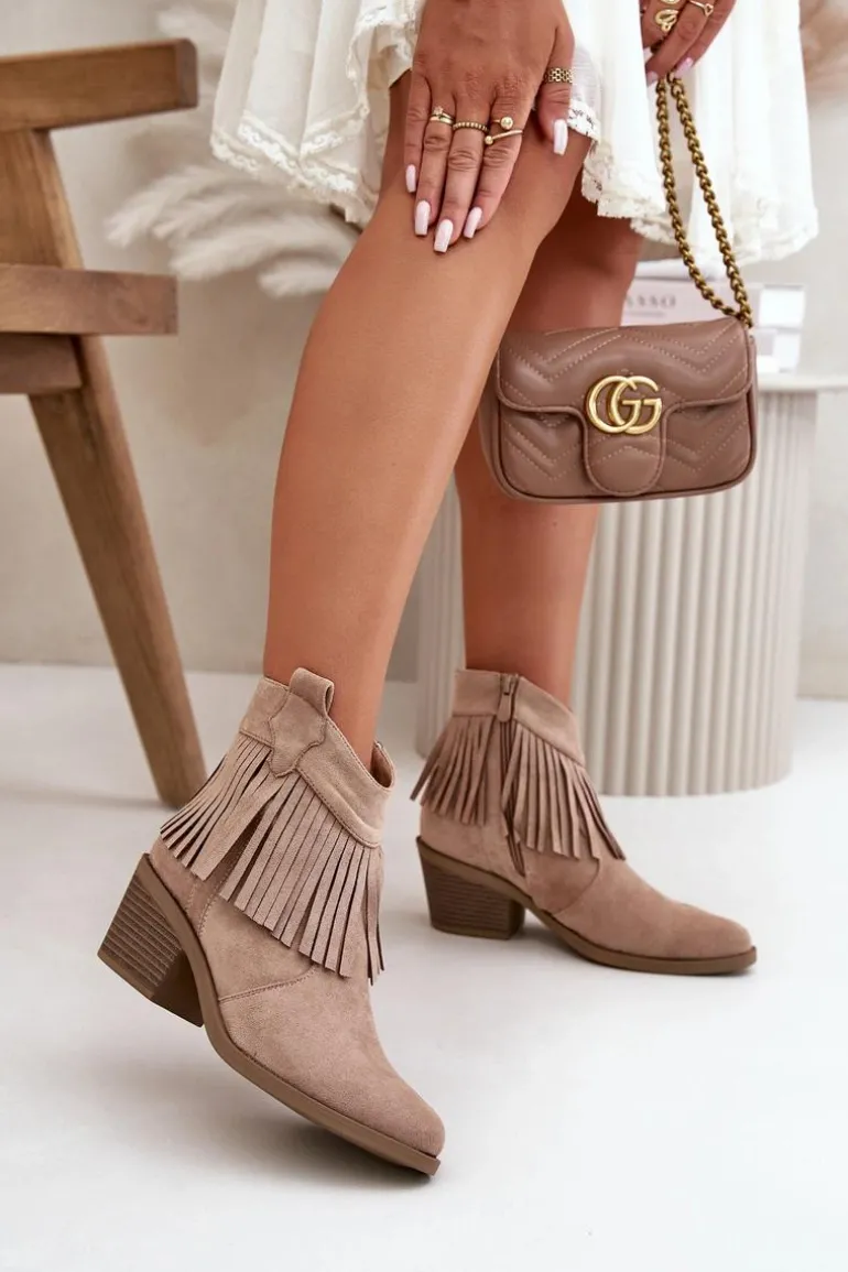 Botki Kowbojki Damskie Na Zamek Eko Zamszowe Beżowe S.Barski HY42-127