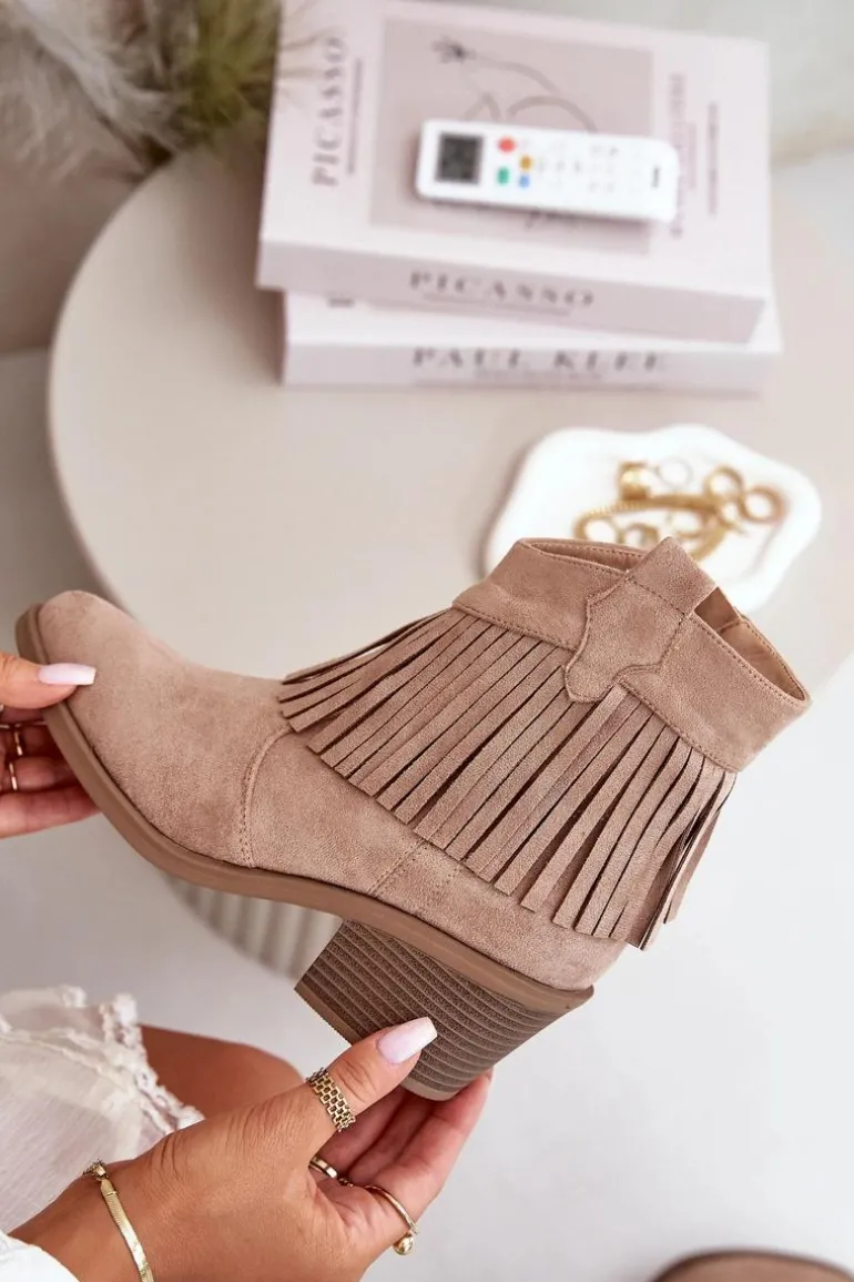 Botki Kowbojki Damskie Na Zamek Eko Zamszowe Beżowe S.Barski HY42-127