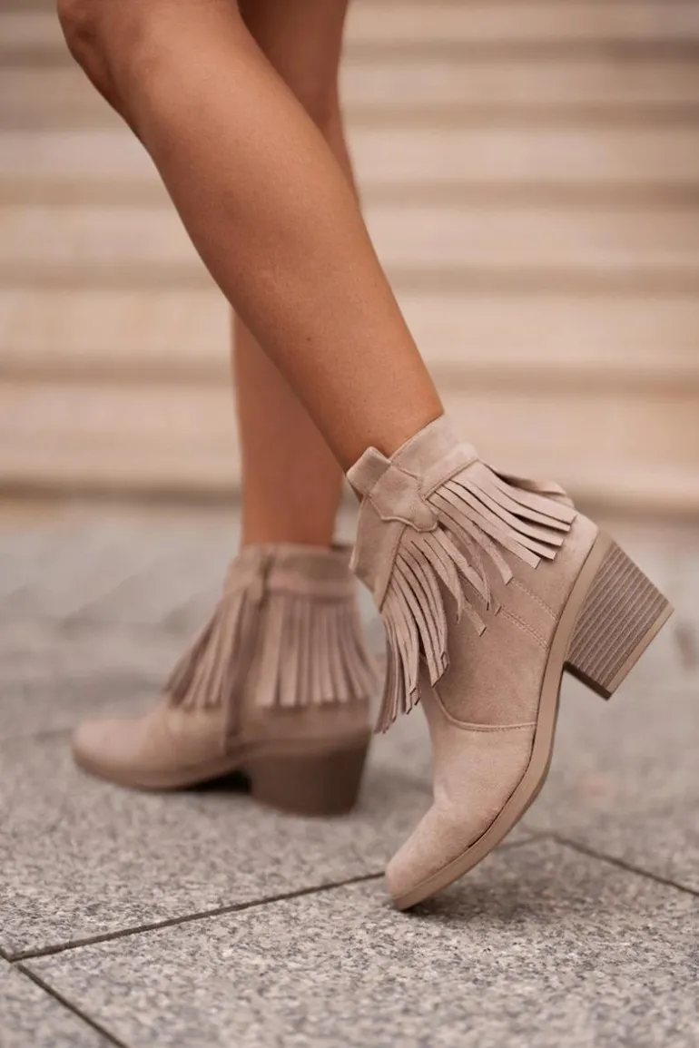 Botki Kowbojki Damskie Na Zamek Eko Zamszowe Beżowe S.Barski HY42-127