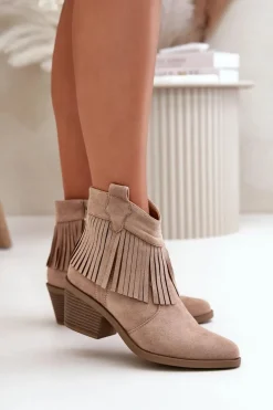 Botki Kowbojki Damskie Na Zamek Eko Zamszowe Beżowe S.Barski HY42-127