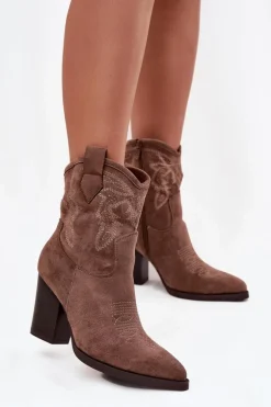 Botki Kowbojki Damskie Na Słupku Eko Zamszowe Ciemnobeżowe Carissa