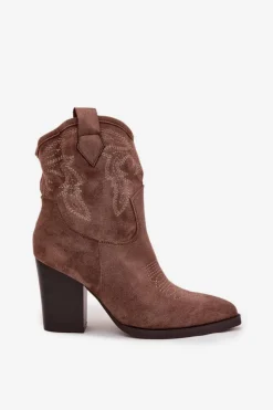 Botki Kowbojki Damskie Na Słupku Eko Zamszowe Ciemnobeżowe Carissa