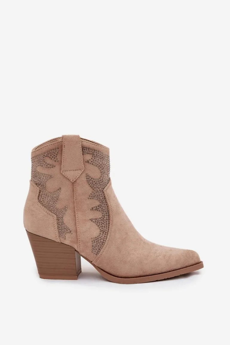 Botki Kowbojki Damskie Ocieplane Ze Zdobieniem Na Słupku Beżowe Arabella