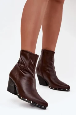 Botki Kowbojki Damskie Z Eko Skóry Na Słupku Brązowe Abrielle