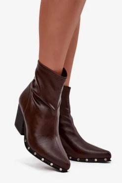 Botki Kowbojki Damskie Z Eko Skóry Na Słupku Brązowe Abrielle