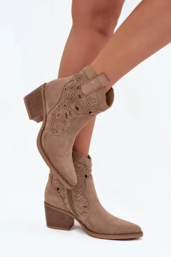 Botki Kowbojki Damskie Z Ażurowym Wzorem Beżowe Nolvina