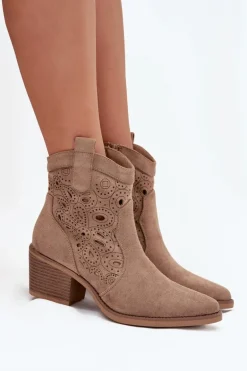 Botki Kowbojki Damskie Z Ażurowym Wzorem Beżowe Nolvina