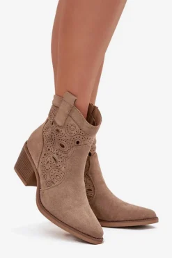 Botki Kowbojki Damskie Z Ażurowym Wzorem Beżowe Nolvina