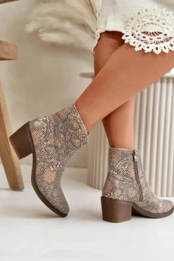 Botki Kowbojki Damskie Zapinane Na Zamek Zwierzęcy Wzór Złote Merisine