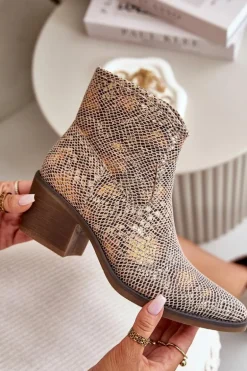 Botki Kowbojki Damskie Zapinane Na Zamek Zwierzęcy Wzór Złote Merisine