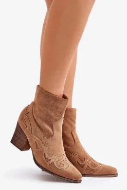 Botki Kowbojki Na Słupku Eko Zamszowe Brązowe Arabelline