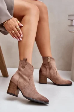 Botki Kowbojki Na Słupku Ocieplane Z Eko Zamszu Vinceza 58345 Ciemnobeżowe