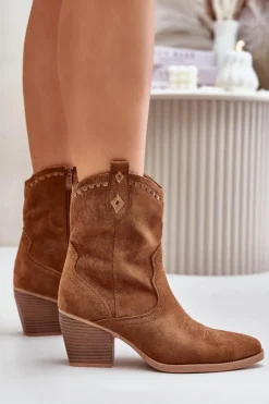 Botki Kowbojki Na Słupku Z Eko Zamszu Camel Narinae