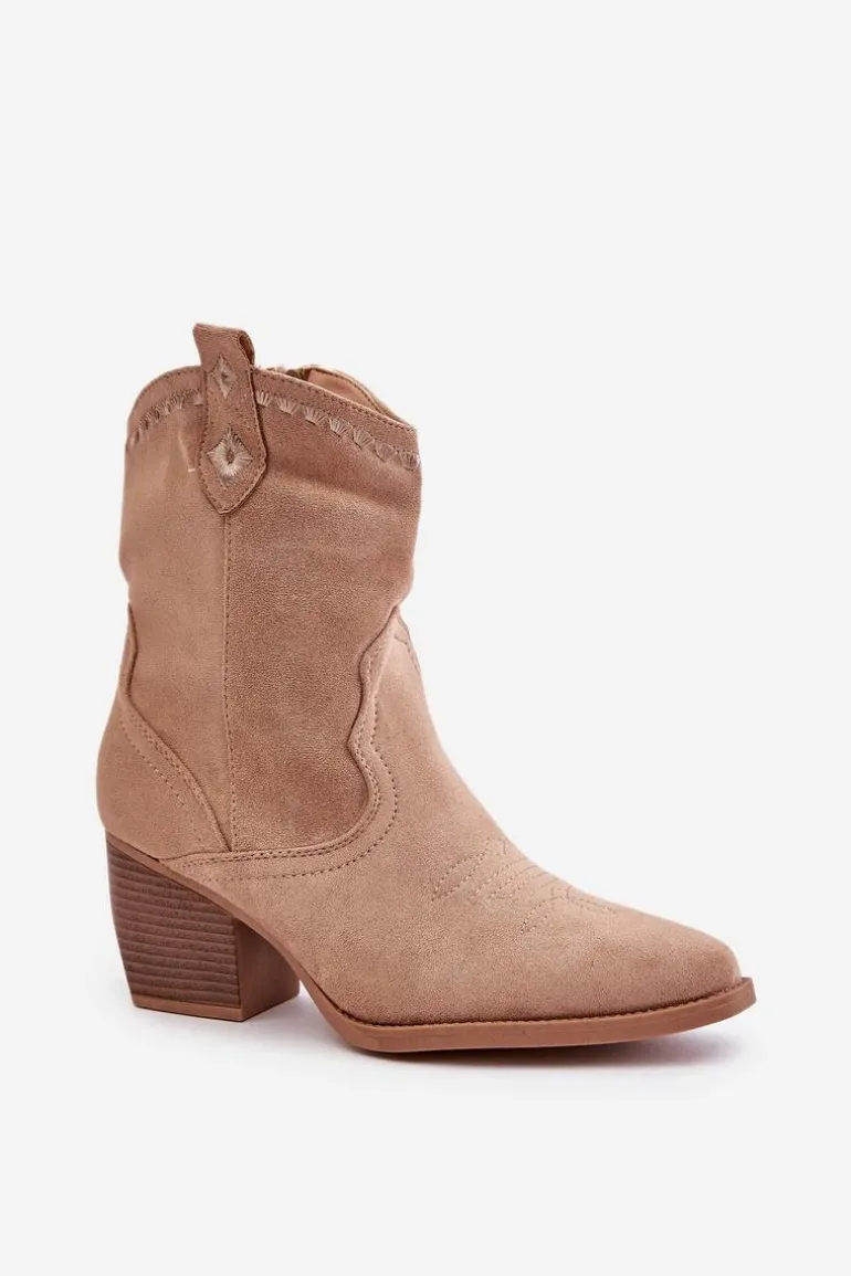 Botki Kowbojki Na Słupku Z Eko Zamszu Beżowe Narinae