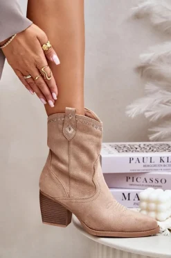 Botki Kowbojki Na Słupku Z Eko Zamszu Beżowe Narinae