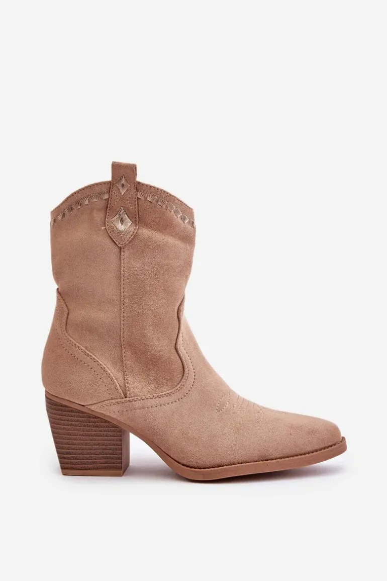 Botki Kowbojki Na Słupku Z Eko Zamszu Beżowe Narinae