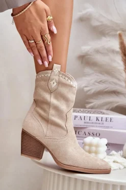 Botki Kowbojki Na Słupku Z Eko Zamszu Jasnobeżowe Narinae