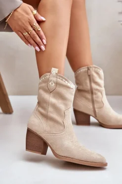 Botki Kowbojki Na Słupku Z Eko Zamszu Jasnobeżowe Narinae