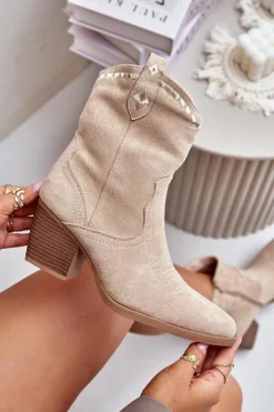 Botki Kowbojki Na Słupku Z Eko Zamszu Jasnobeżowe Narinae