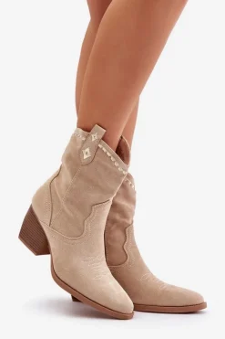 Botki Kowbojki Na Słupku Z Eko Zamszu Jasnobeżowe Narinae