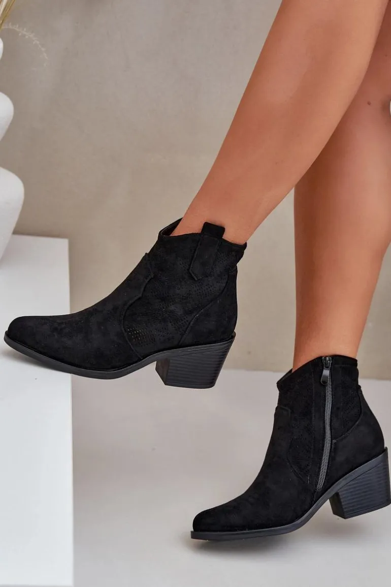 Botki Kowbojki Na Zamek Eko Zamszowe Ażurowe S.Barski HY51-061 Czarne