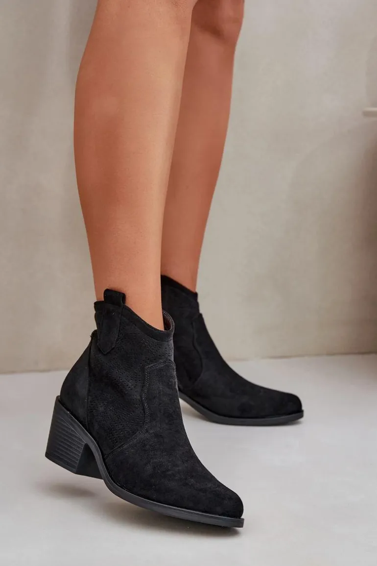 Botki Kowbojki Na Zamek Eko Zamszowe Ażurowe S.Barski HY51-061 Czarne