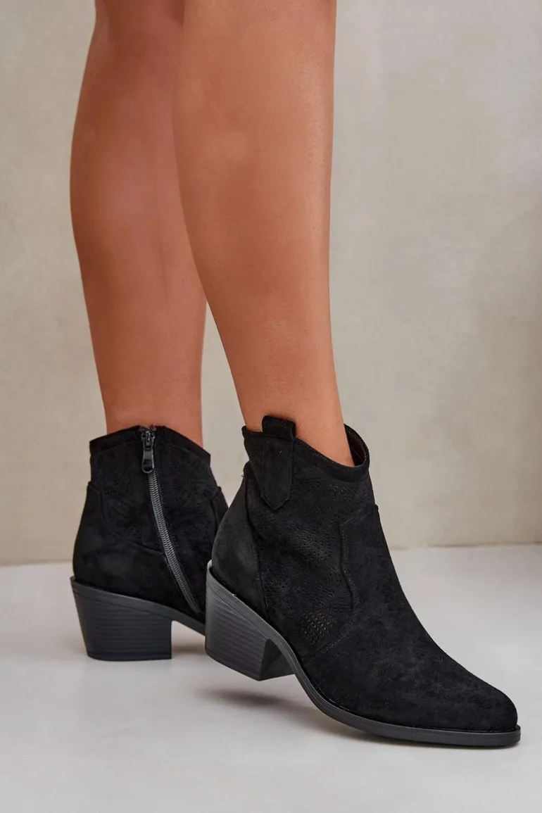 Botki Kowbojki Na Zamek Eko Zamszowe Ażurowe S.Barski HY51-061 Czarne