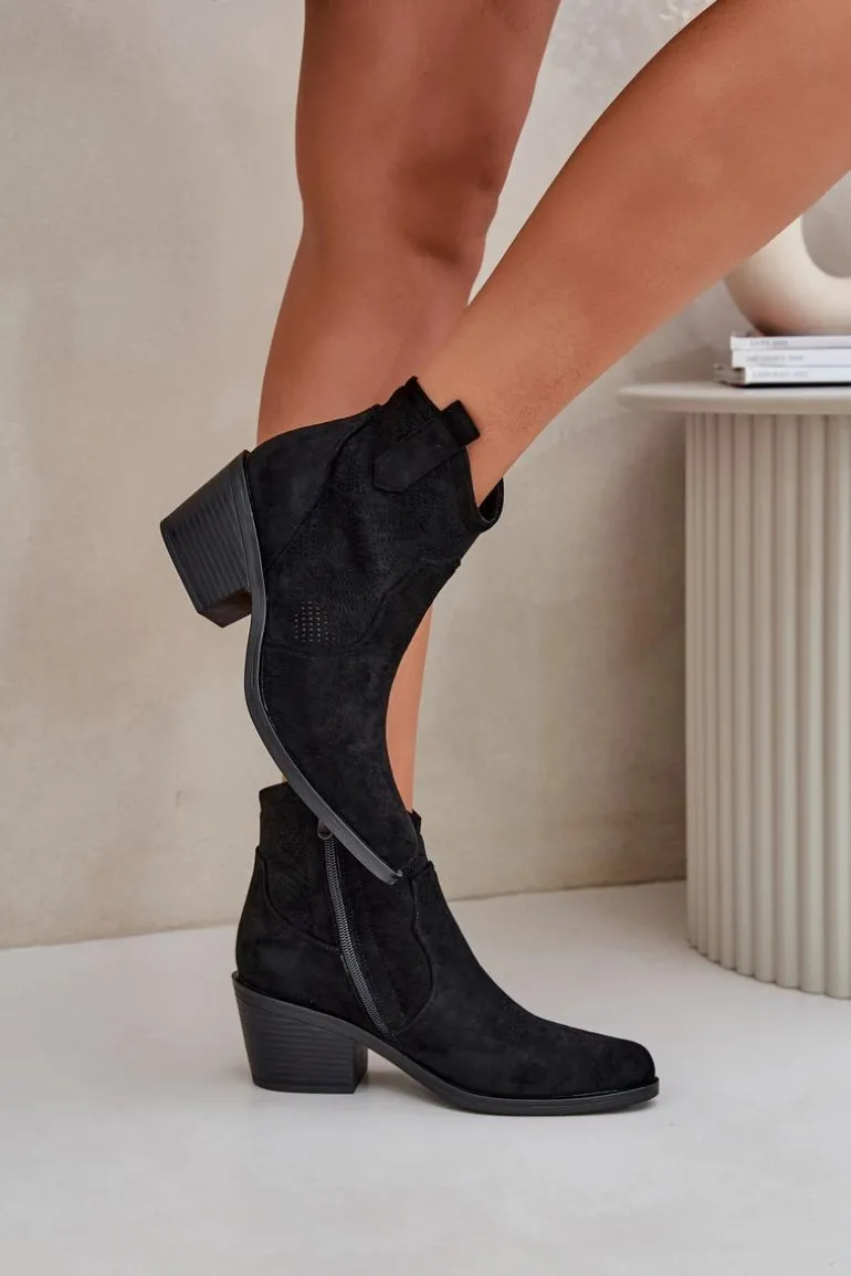 Botki Kowbojki Na Zamek Eko Zamszowe Ażurowe S.Barski HY51-061 Czarne