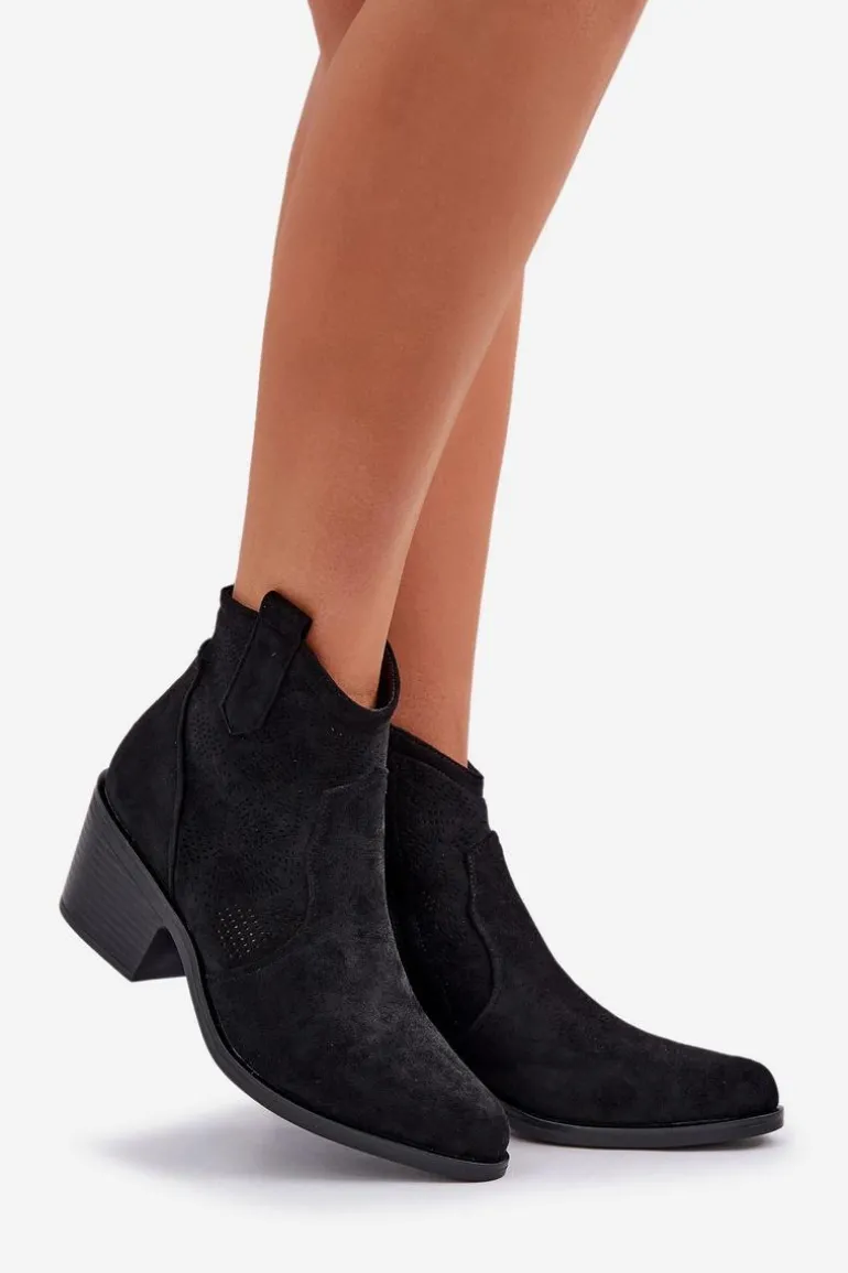 Botki Kowbojki Na Zamek Eko Zamszowe Ażurowe S.Barski HY51-061 Czarne