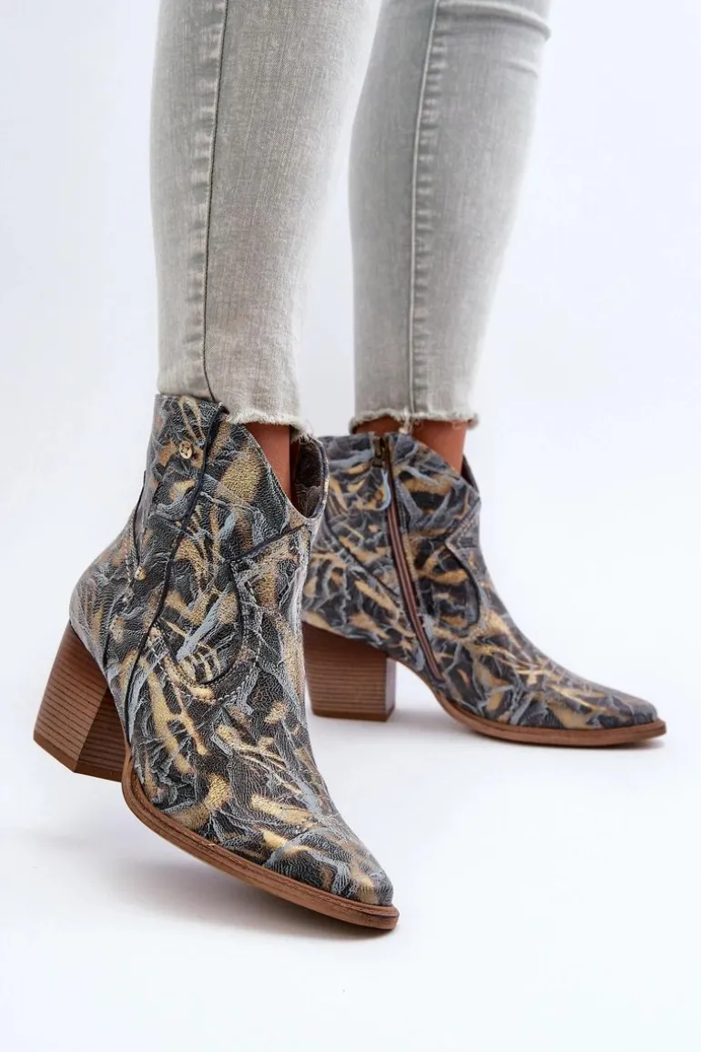 Botki Kowbojki Skórzane Damskie Na Obcasie Maciejka 05776-13 Niebieskie