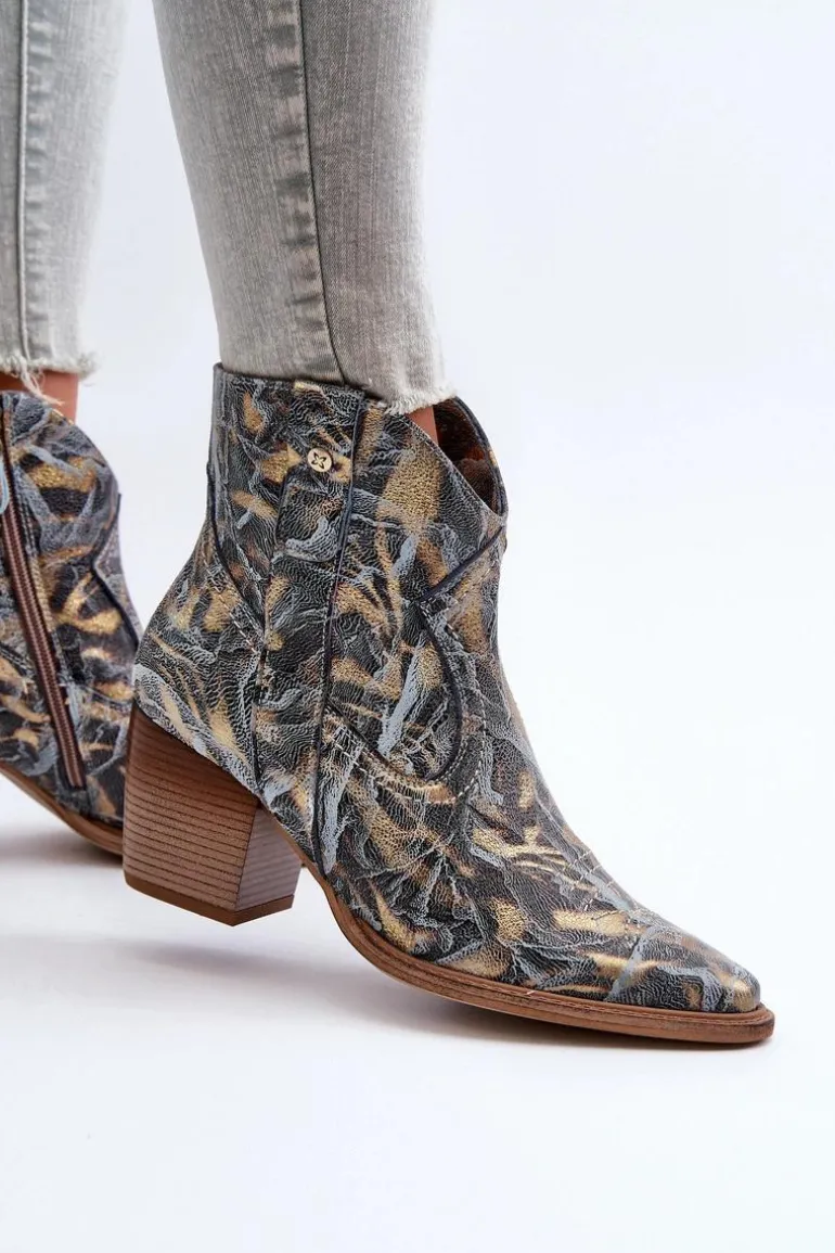 Botki Kowbojki Skórzane Damskie Na Obcasie Maciejka 05776-13 Niebieskie