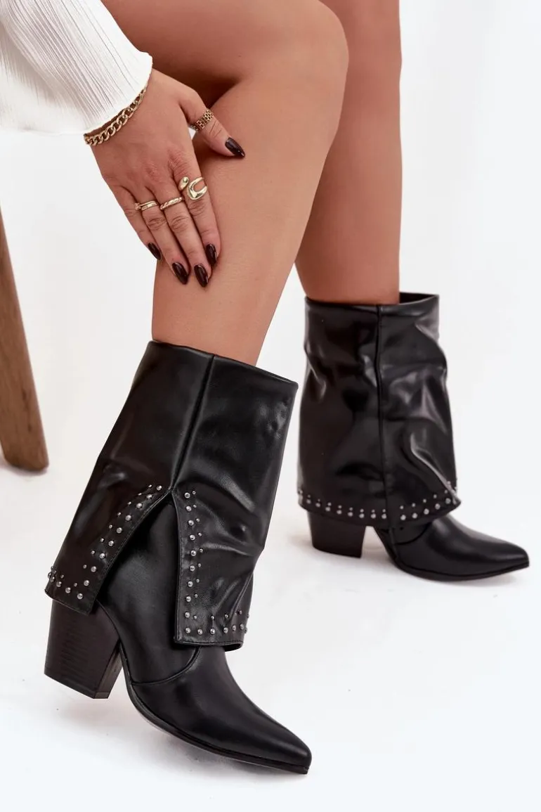 Botki Kowbojki Z Wywiniętą Cholewką I Zdobieniem Ocieplane Czarne Inessia