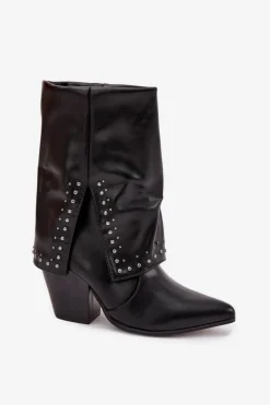 Botki Kowbojki Z Wywiniętą Cholewką I Zdobieniem Ocieplane Czarne Inessia