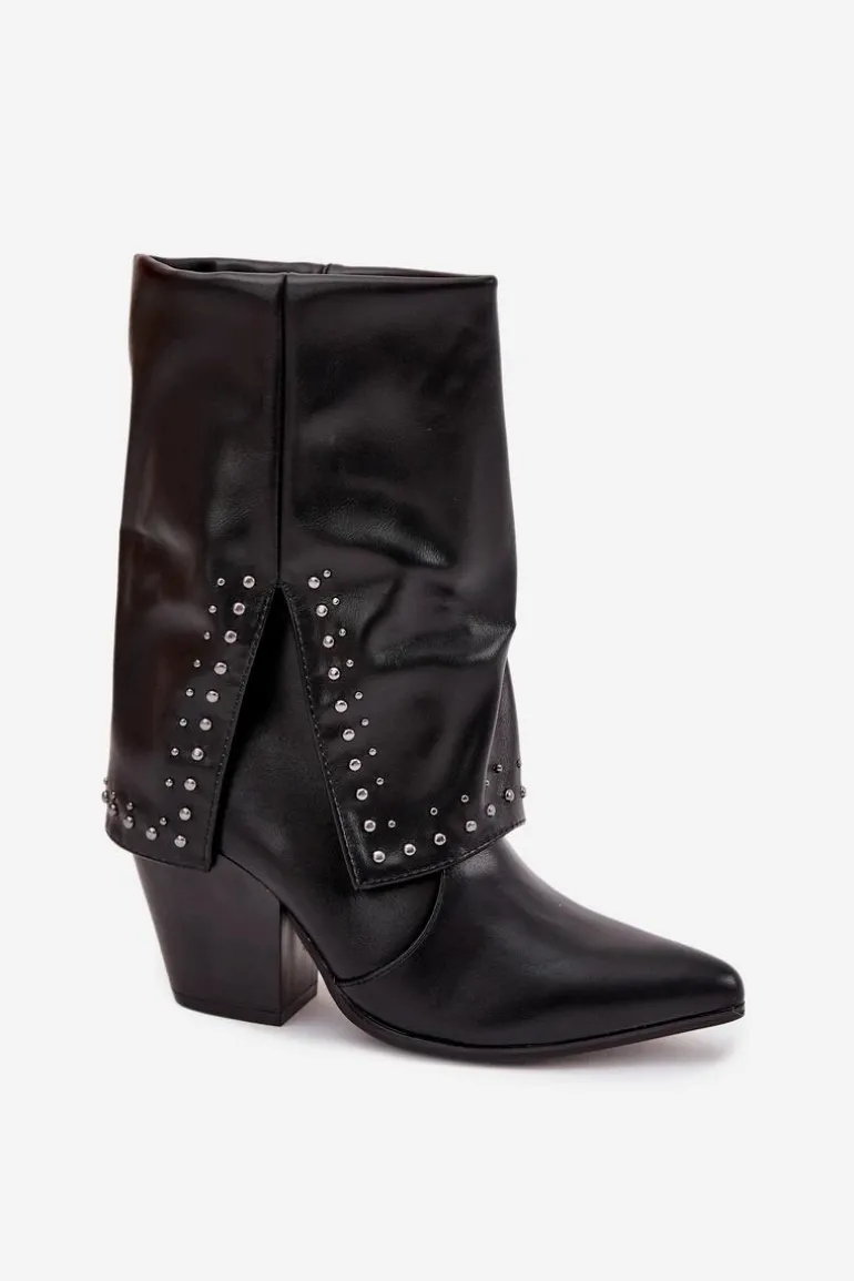 Botki Kowbojki Z Wywiniętą Cholewką I Zdobieniem Ocieplane Czarne Inessia