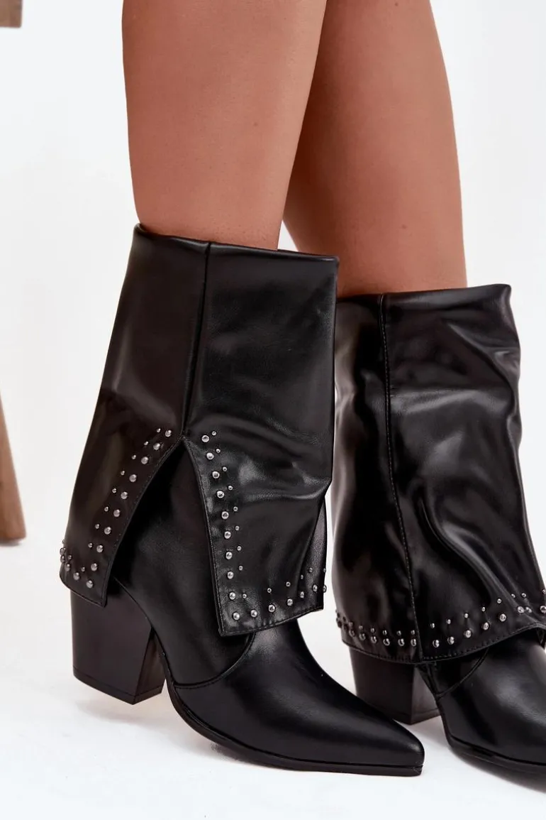 Botki Kowbojki Z Wywiniętą Cholewką I Zdobieniem Ocieplane Czarne Inessia