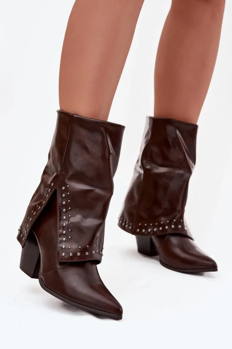 Botki Kowbojki Z Wywiniętą Cholewką I Zdobieniem Ocieplane Czekoladowe Inessia