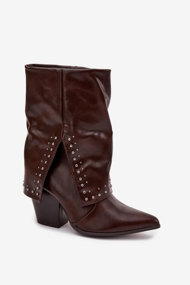 Botki Kowbojki Z Wywiniętą Cholewką I Zdobieniem Ocieplane Czekoladowe Inessia