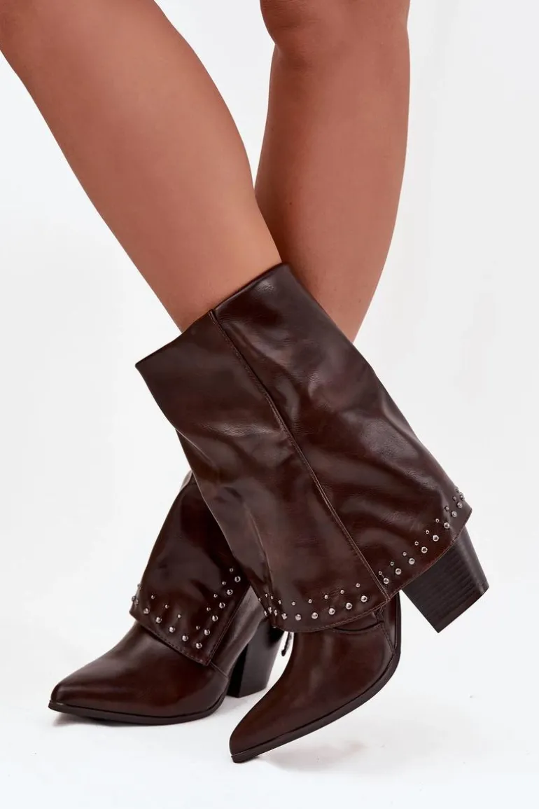 Botki Kowbojki Z Wywiniętą Cholewką I Zdobieniem Ocieplane Czekoladowe Inessia