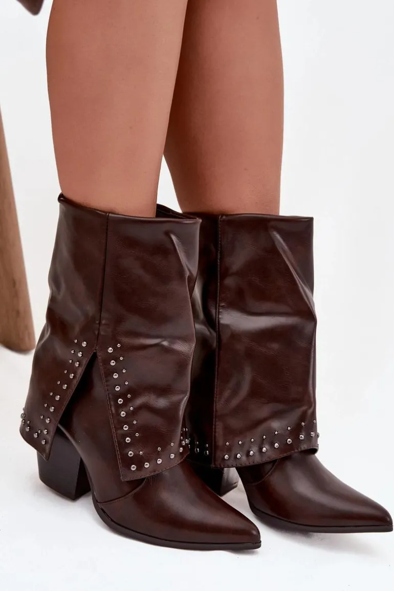 Botki Kowbojki Z Wywiniętą Cholewką I Zdobieniem Ocieplane Czekoladowe Inessia