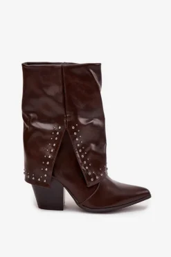 Botki Kowbojki Z Wywiniętą Cholewką I Zdobieniem Ocieplane Czekoladowe Inessia