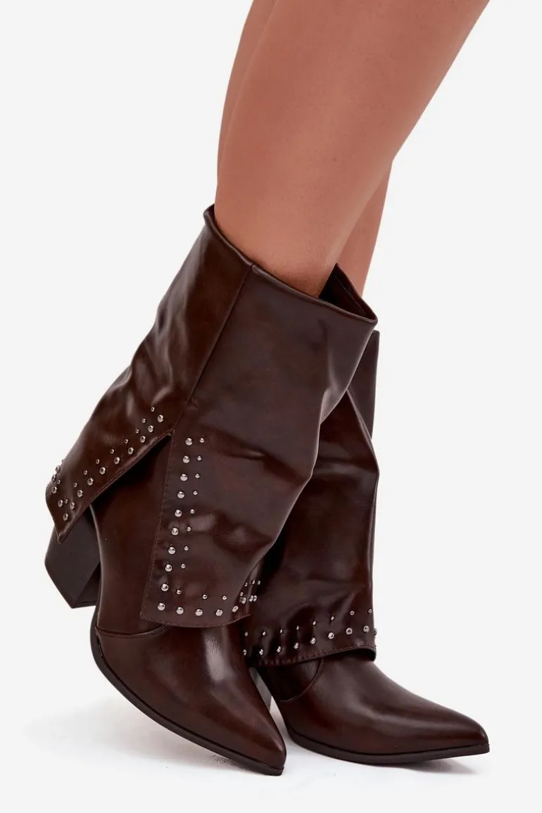 Botki Kowbojki Z Wywiniętą Cholewką I Zdobieniem Ocieplane Czekoladowe Inessia