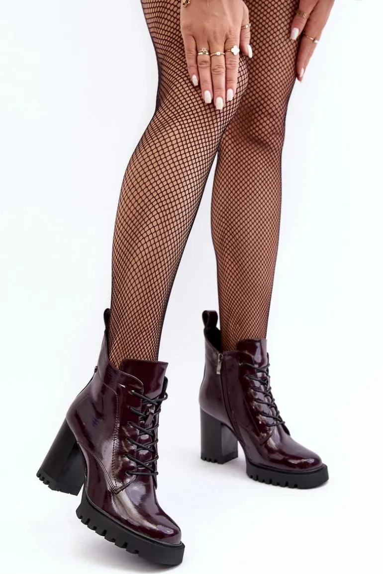 Botki Lakierowane Na Słupku Ocieplane Bordowe D&A MR870-54