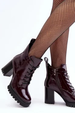 Botki Lakierowane Na Słupku Ocieplane Bordowe D&A MR870-54