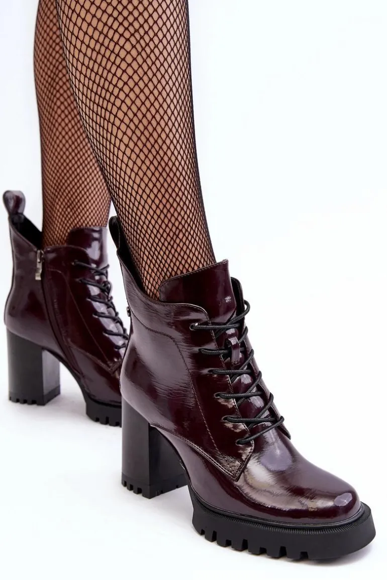 Botki Lakierowane Na Słupku Ocieplane Bordowe D&A MR870-54