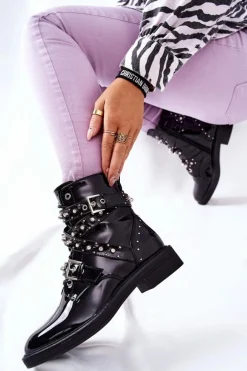 Botki Lakierowane Z Paskami Czarne Loristy