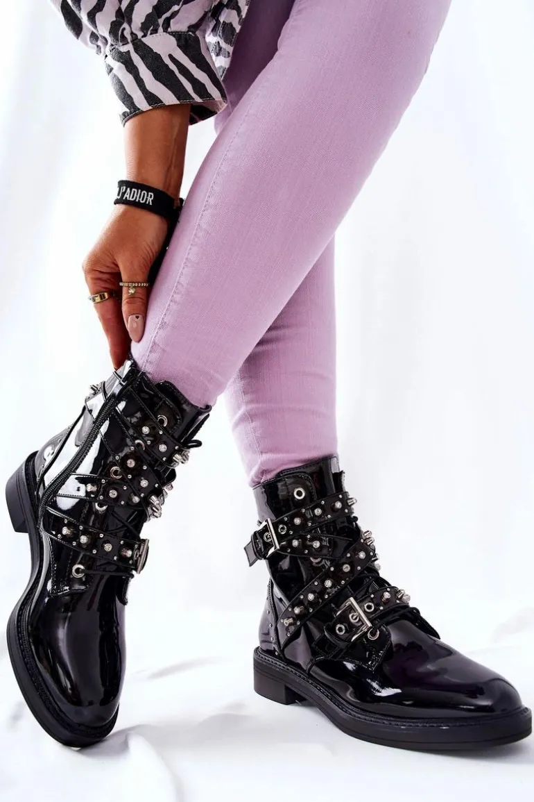 Botki Lakierowane Z Paskami Czarne Loristy