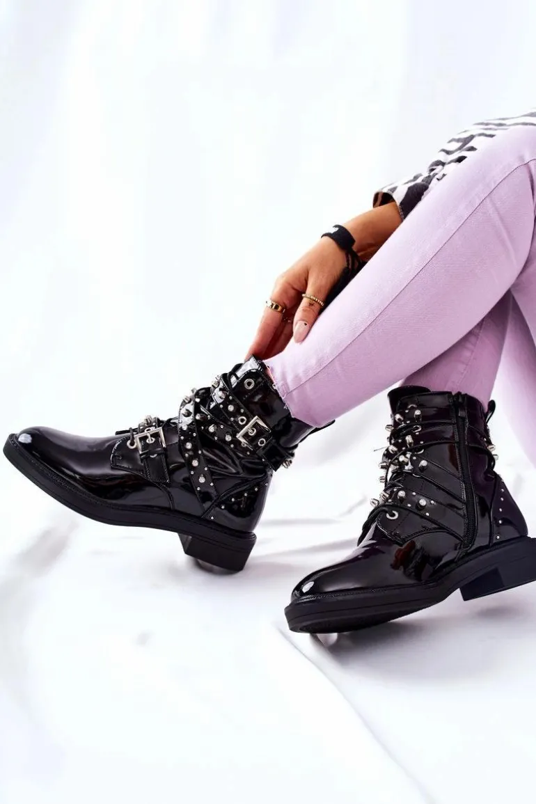 Botki Lakierowane Z Paskami Czarne Loristy