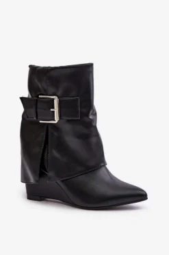 Botki Na Koturnie Z Wywiniętą Cholewką I Klamrą Czarne Vortinia