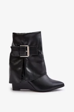 Botki Na Koturnie Z Wywiniętą Cholewką I Klamrą Czarne Vortinia