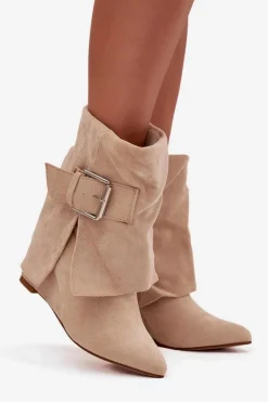 Botki Na Koturnie Z Wywiniętą Cholewką I Klamrą Eko Zamszowe Beżowe Vortinia